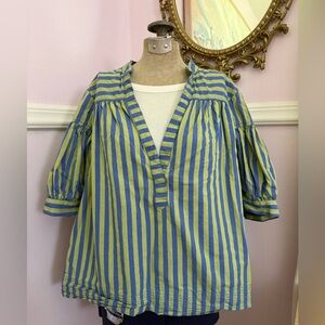 Anthropologie Blue and Green Striped Blouse Sz L